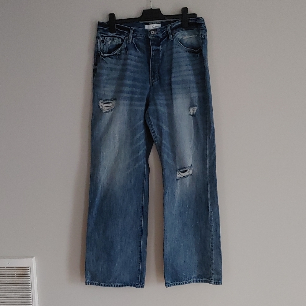 KanCan Distressed Wide-Leg Blue Jeans